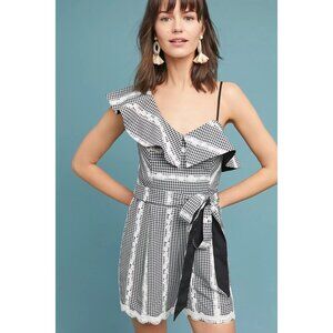 Anthropologie Adelyn Rae one shoulder gingham romper M Medium casual summer